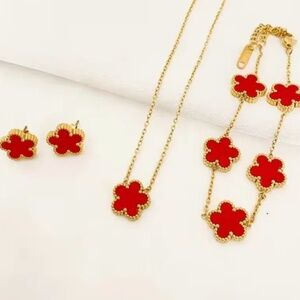 3 Pieces Five Leaf Flower Set Stainless Steel Red Floral